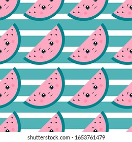 Curte sandía sin costuras. Gracioso personaje de caricatura con cara sonriente sobre fondo desnudo. Diseño para los niños ropa, textil, tela, envoltura, papel de chatarra. Ornamento de repetición de vectores