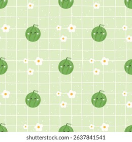 Cute watermelon seamless pattern in kawaii style. Sweet and fresh vector background with flowers, perfect for tropical kids fabric, wallpaper, wrapping design