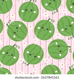 Cute watermelon seamless pattern in kawaii style. Sweet and fresh vector background with flowers, perfect for tropical kids fabric, wallpaper, wrapping design
