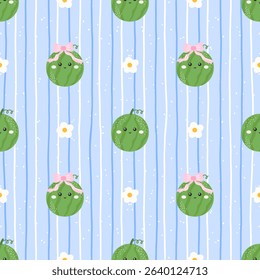 Cute watermelon seamless pattern in kawaii style. Sweet and fresh vector background with flowers, perfect for tropical kids fabric, wallpaper, wrapping design