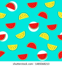 Cute watermelon seamless pattern on blue background.