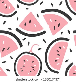 Cute watermelon seamless pattern. Watermelon slices and seeds on white background. Can be used for wallpaper, fabric, wrapping paper or decoration. Vector shabby hand drawn illustration