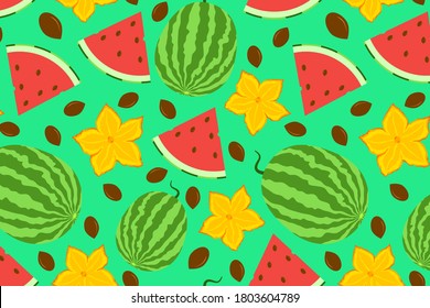 Cute watermelon seamless pattern. Whole berry with slice, flowers and seeds. Hand drawn illustration for fabric, textile, cover, wallpaper, calendar. Organic vegetarian food backdrop. EPS 10