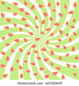 Cute watermelon seeds on striped background of white and green colors. Concept of Hello Summer. Fruit abstract background, vector illustration