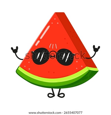A cute watermelon slice cartoon character wearing sunglasses and making a rock and roll hand gesture. It has a fun, summery vibe.