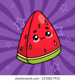 Cute watermelon slice. Cartoon funny kawaii fruit character. Vector illustration.