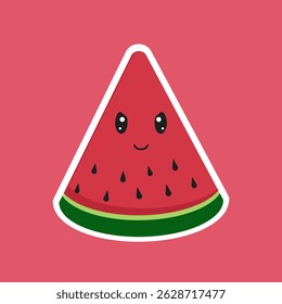 Cute watermelon slice cartoon with shiny eyes, smiling face, layered green rind, on pink background. Playful, cheerful, perfect for kids and summer stickers
