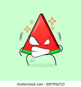 cute watermelon slice character with angry expression. eyes bulging and grinning. suitable for emoticon, logo, mascot and sticker. green and red