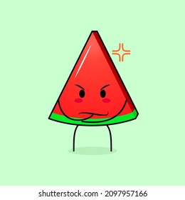 cute watermelon slice character with angry expression. green and red. suitable for emoticon, logo, mascot. one hand on chin