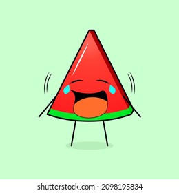 cute watermelon slice character with crying expression. green and red. suitable for emoticon, logo, mascot