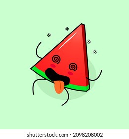 cute watermelon slice character with dizzy expression, rolling eyes, lie down and tongue sticking out. green and red. suitable for emoticon, logo, mascot and icon