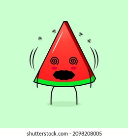 cute watermelon slice character with dizzy expression and rolling eyes. green and red. suitable for emoticon, logo, mascot and icon