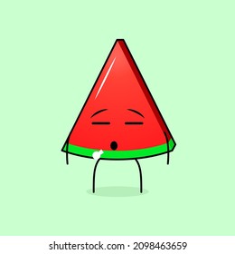 cute watermelon slice character with flat expression. green and red. suitable for emoticon, logo, mascot