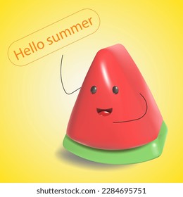 Cute Wassermelone Slice Charakter mit lustigem Gesicht. Schöne Wassermelonscheibe im realistischen 3D-volumetrischen Plastikstil, einzeln auf Hintergrund. Fröhliche Sommeremoji, Vektorgrafik.