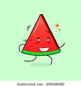cute watermelon slice character with happy expression, sparkling eyes, run and smiling. green and red. suitable for emoticon, logo, mascot and icon