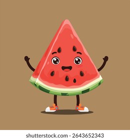 Cute watermelon slice character with happy expression, wearing orange sneakers.