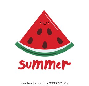 Cute watermelon slice character and lettering of summer. Happy smiling fruit, funny doodle sticker, childish clip art element. Vector illustration isolated on white background