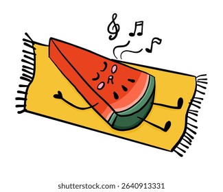 Cute watermelon slice character relaxing on a towel and listening to music. Concept symbolizes summer chill, leisure and fruity happiness