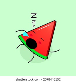 cute watermelon slice character with sleep expression, lie down, close eyes and mouth open. green and red. suitable for emoticon, logo, mascot and icon
