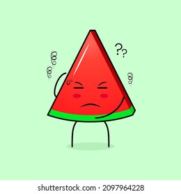 cute watermelon slice character with thinking expression, one hand on head and close eyes. green and red. suitable for emoticon, logo, mascot