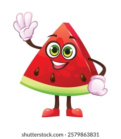 Cute watermelon slice character waving happily. Vector cartoon illustration isolated on white background