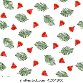 Cute watermelon slice design and palm leaf pattern on white background, seamless, fruit background, summer, vector illustration.