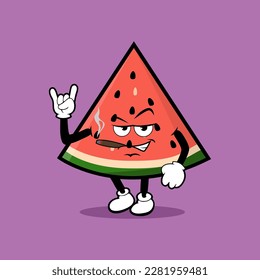 Cute watermelon slice fruit character with rock and roll expression vector