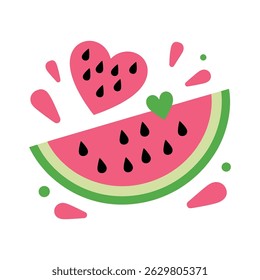 Cute Watermelon Slice with Heart Shape and Colorful Drops Illustration	