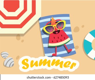 A Cute Watermelon Slice on Beatch Enjoy Summer.
