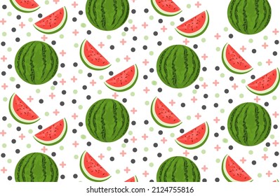 Cute Watermelon Slice Pattern With Fun Dots And Fresh Summer Cartoon Style On White Background