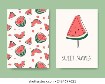 Nettes Ansichtskartenset für Wassermelonenscheiben. Doodle abstrakt Sommer erfrischende Frucht. Lustige handgezeichnete Illustration. Minimalistisches modernes Plakat, Banner Vorlage
