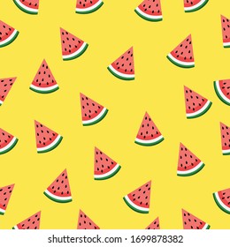 Cute watermelon slice seamless pattern on yellow background