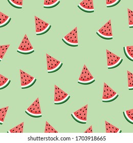 Cute watermelon slice seamless pattern on green background 