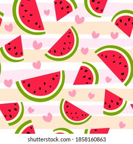 Cute watermelon slice seamless pattern in flat style. Fruit striped background with hearts. Wrapping paper, fabric, textile. Vector illustration. 
