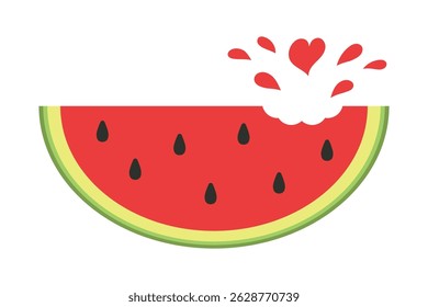 Cute watermelon slice with splash in heart shape. Fun summer fruit illustration, perfect for food designs, cards, prints, and healthy lifestyle graphics.


