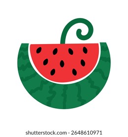Cute Watermelon Slice Vector with Curl Stem, Summer Fruit Icon.