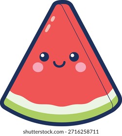 Eine süße Wassermelone Slice Vektorgrafik mit einem fröhlich lächelnden Gesicht. Hochwertige Kawaii-Frucht Charakter Clipart für Aufkleber, Sommer-Muster und gesunde Lebensmittel Branding.
