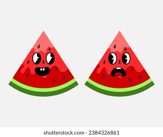 Cute watermelon slices in green, red, pink. Cute fruit character with happy and surprised face. Watermelon couple mascot with emotion. Flat vector illustration.