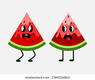 Cute watermelon slices in green, red, pink. Cute fruit character with happy face. Watermelon couple mascot with legs. Flat vector illustration