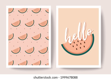 Cute watermelon slices greeting cards with Hello letters. Water melon pattern fruit illustration, fresh, healthy, organic, natural food 