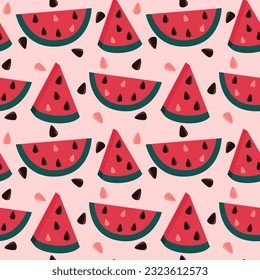 Cute Watermelon slices seamless vector pattern illustration with seeds on pink background