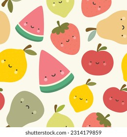 Cute watermelon, strawberry, lemon and pear fruit kawaii face seamless pattern, abstract repeated cartoon background, vector illustration