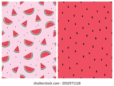 Cute Watermelon Summer Backgrounds in Cheerful Colors. Seamless Vector Pattern Set. Isolated Elements. Great for Textile, Fabric Prints, Wrapping Paper.