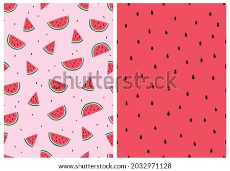 Cute Watermelon Summer Backgrounds in Cheerful Colors. Seamless Vector Pattern Set. Isolated Elements. Great for Textile, Fabric Prints, Wrapping Paper.