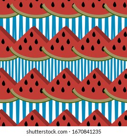 cute watermelon summer theme seamless pattern on line blue and white background vector.