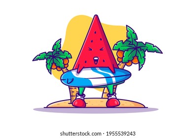 Cute Watermelon with Surfboard Vector Cartoon Illustration. Summer Icon Concept White Isolated. Flat Cartoon Style Suitable for Web Landing Page, Banner, Sticker, and Background