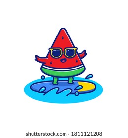 Ilustración del icono del vector de dibujos animados Cute Watermelon Surfing. Vector Premium Aislado De Icono De Frutos De Verano. Estilo de dibujo plano