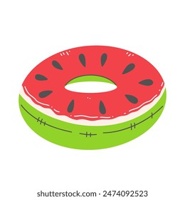 Cute watermelon swimming circle in cartoon flat style isolated on white background. Vector illustration.