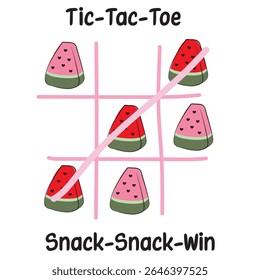 Cute watermelon tic-tac-toe game with heart seeds and playful red-pink slices forming a diagonal win, kawaii summer vibes