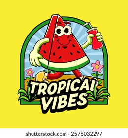 Cute Watermelon Tropical Summer Vibes Cartoon Character in Retro Vintage Style